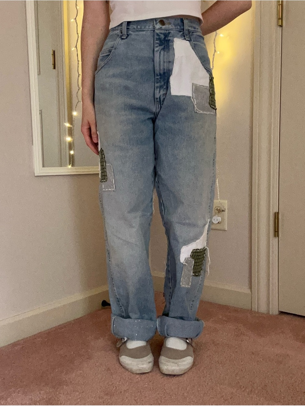Light Wash Straight Leg Patchwork Jeans